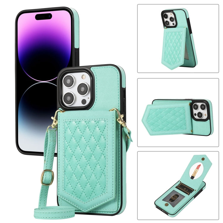 Custodia per telefono RFID con trama rombica con cordino e specchio, For iPhone 14 Pro Max, For iPhone 14 Pro, For iPhone 14, For iPhone 14 Plus