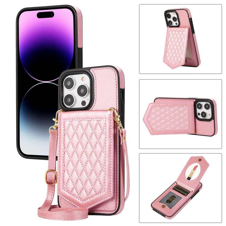 Custodia per telefono RFID con trama rombica con cordino e specchio, For iPhone 14 Pro Max, For iPhone 14 Pro, For iPhone 14, For iPhone 14 Plus