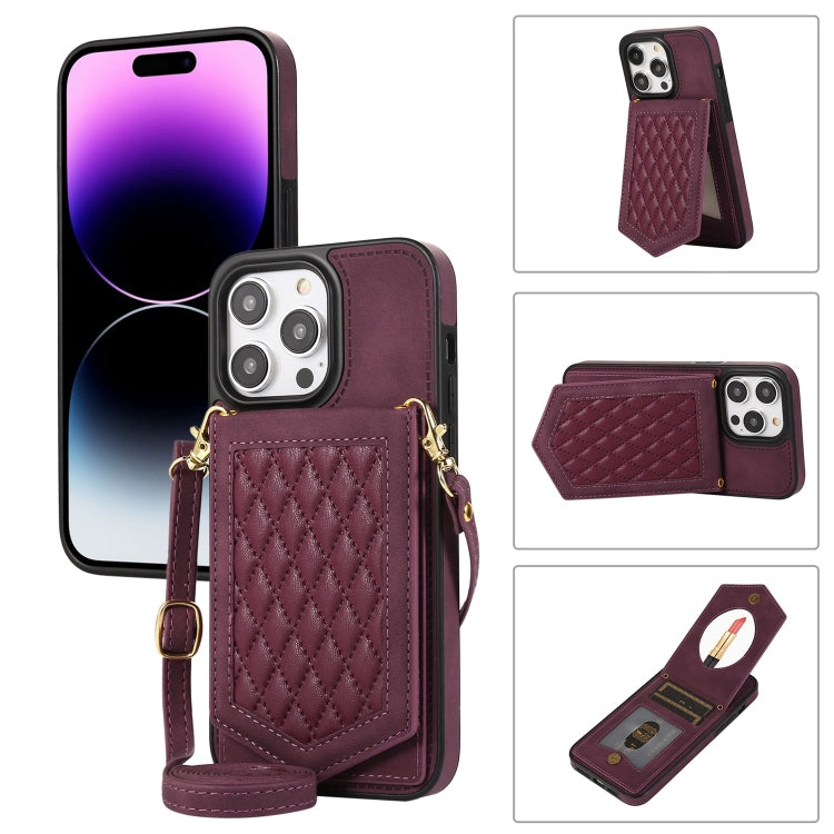 Custodia per telefono RFID con trama rombica con cordino e specchio, For iPhone 14 Pro Max, For iPhone 14 Pro, For iPhone 14, For iPhone 14 Plus