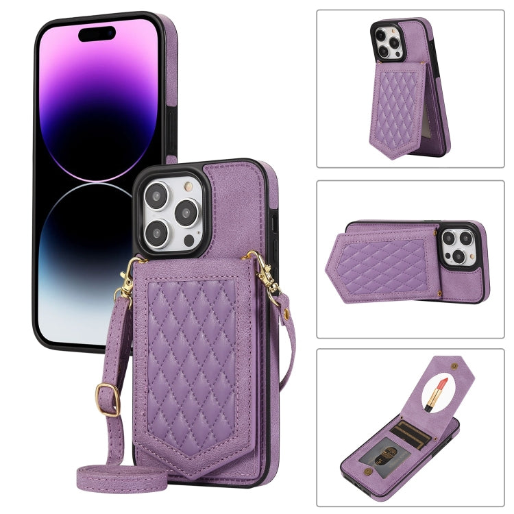 Custodia per telefono RFID con trama rombica con cordino e specchio, For iPhone 14 Pro Max, For iPhone 14 Pro, For iPhone 14, For iPhone 14 Plus