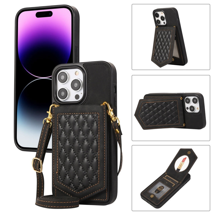 Custodia per telefono RFID con trama rombica con cordino e specchio, For iPhone 14 Pro Max, For iPhone 14 Pro, For iPhone 14, For iPhone 14 Plus