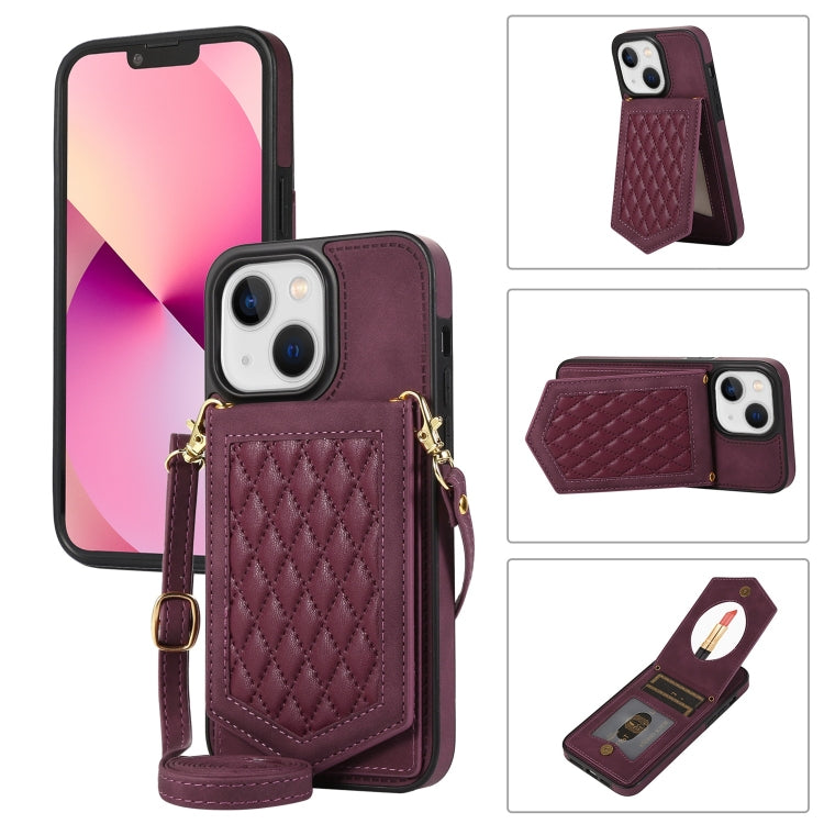 Custodia per telefono RFID con trama rombica con cordino e specchio, For iPhone 14 Pro Max, For iPhone 14 Pro, For iPhone 14, For iPhone 14 Plus