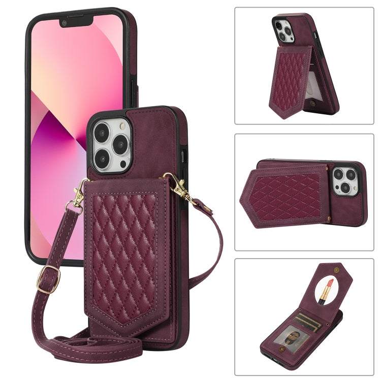 Custodia per telefono RFID con trama rombica con cordino e specchio, For iPhone 13 Pro Max, For iPhone 13 Pro, For iPhone 13, For iPhone 13 mini