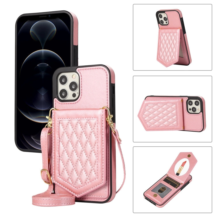 Custodia per telefono RFID con trama rombica con cordino e specchio, For iPhone 12 Pro Max, For iPhone 12 / 12 Pro, For iPhone 12 mini, For iPhone 11 Pro Max
