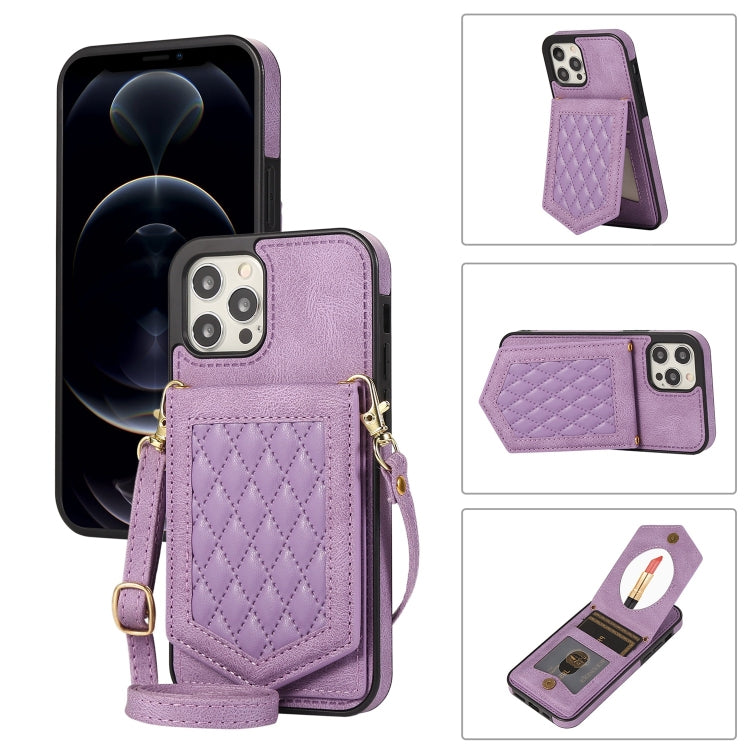 Custodia per telefono RFID con trama rombica con cordino e specchio, For iPhone 12 Pro Max, For iPhone 12 / 12 Pro, For iPhone 12 mini, For iPhone 11 Pro Max