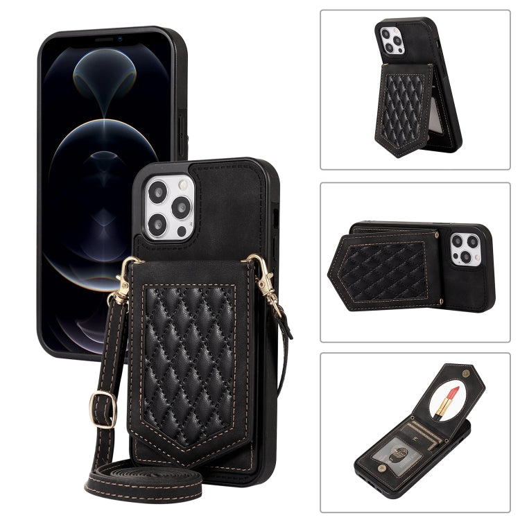 Custodia per telefono RFID con trama rombica con cordino e specchio, For iPhone 12 Pro Max, For iPhone 12 / 12 Pro, For iPhone 12 mini, For iPhone 11 Pro Max
