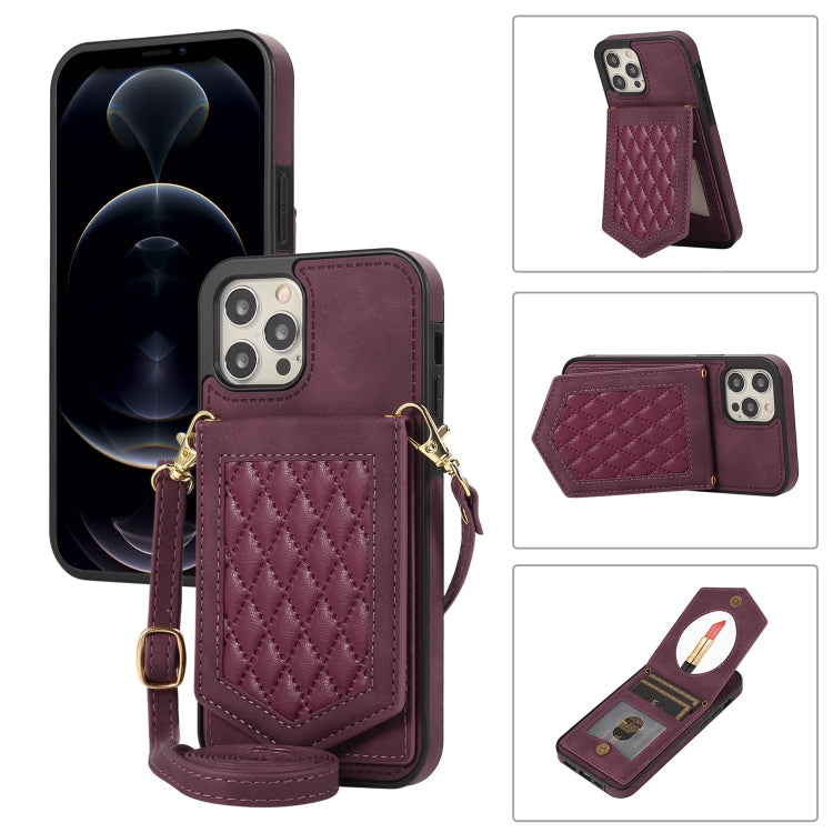 Custodia per telefono RFID con trama rombica con cordino e specchio, For iPhone 12 Pro Max, For iPhone 12 / 12 Pro, For iPhone 12 mini, For iPhone 11 Pro Max