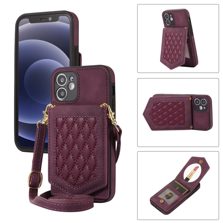 Custodia per telefono RFID con trama rombica con cordino e specchio, For iPhone 12 Pro Max, For iPhone 12 / 12 Pro, For iPhone 12 mini, For iPhone 11 Pro Max