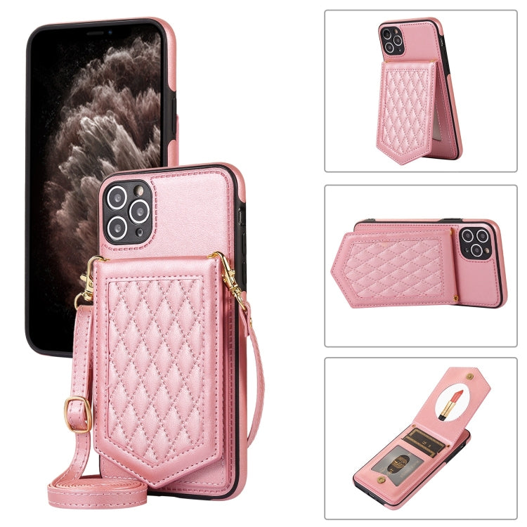 Custodia per telefono RFID con trama rombica con cordino e specchio, For iPhone 11 Pro, For iPhone 11, For iPhone SE 2022 / SE 2020 / 8 / 7, For iPhone 8 Plus / 7 Plus
