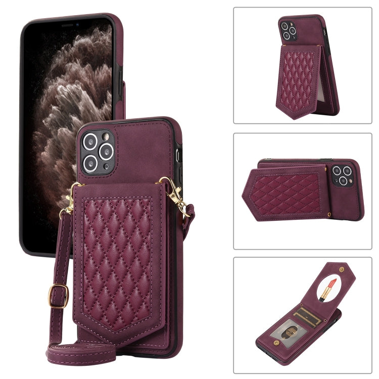 Custodia per telefono RFID con trama rombica con cordino e specchio, For iPhone 11 Pro, For iPhone 11, For iPhone SE 2022 / SE 2020 / 8 / 7, For iPhone 8 Plus / 7 Plus
