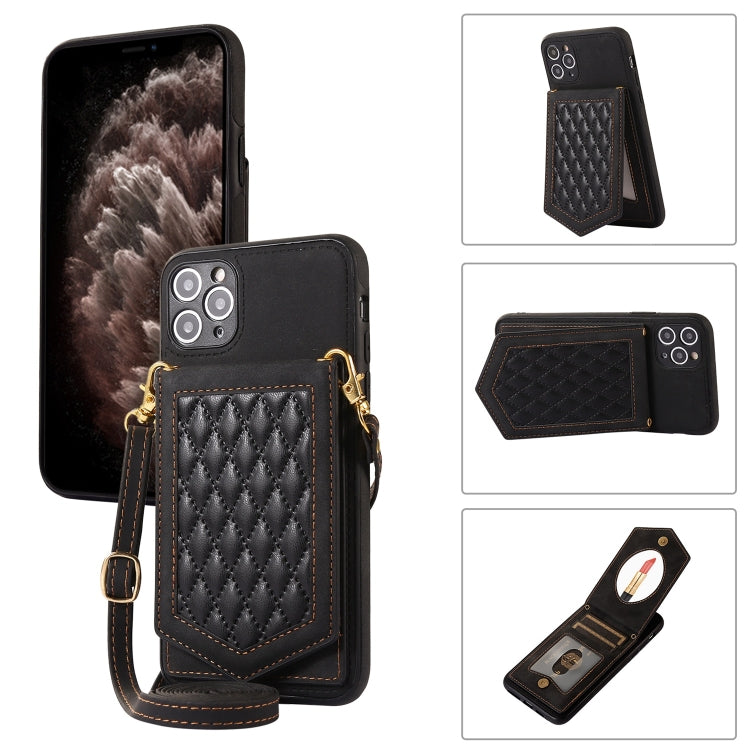 Custodia per telefono RFID con trama rombica con cordino e specchio, For iPhone 11 Pro, For iPhone 11, For iPhone SE 2022 / SE 2020 / 8 / 7, For iPhone 8 Plus / 7 Plus