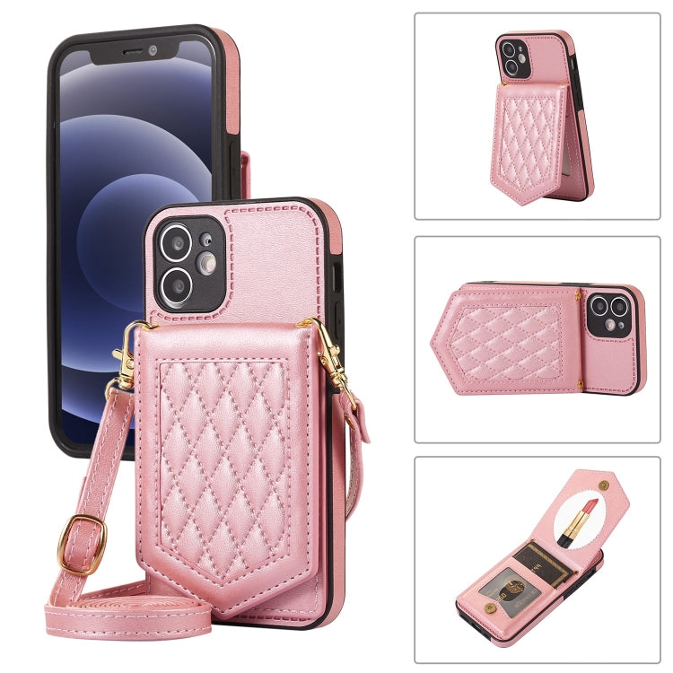 Custodia per telefono RFID con trama rombica con cordino e specchio, For iPhone 11 Pro, For iPhone 11, For iPhone SE 2022 / SE 2020 / 8 / 7, For iPhone 8 Plus / 7 Plus