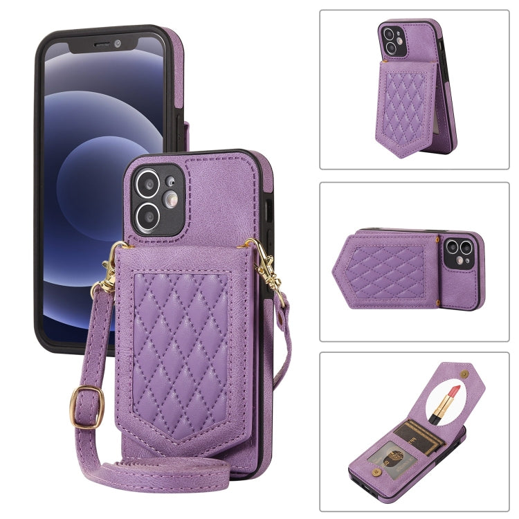 Custodia per telefono RFID con trama rombica con cordino e specchio, For iPhone 11 Pro, For iPhone 11, For iPhone SE 2022 / SE 2020 / 8 / 7, For iPhone 8 Plus / 7 Plus