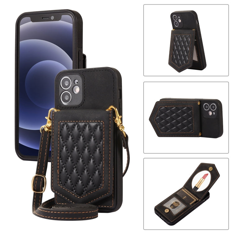 Custodia per telefono RFID con trama rombica con cordino e specchio, For iPhone 11 Pro, For iPhone 11, For iPhone SE 2022 / SE 2020 / 8 / 7, For iPhone 8 Plus / 7 Plus