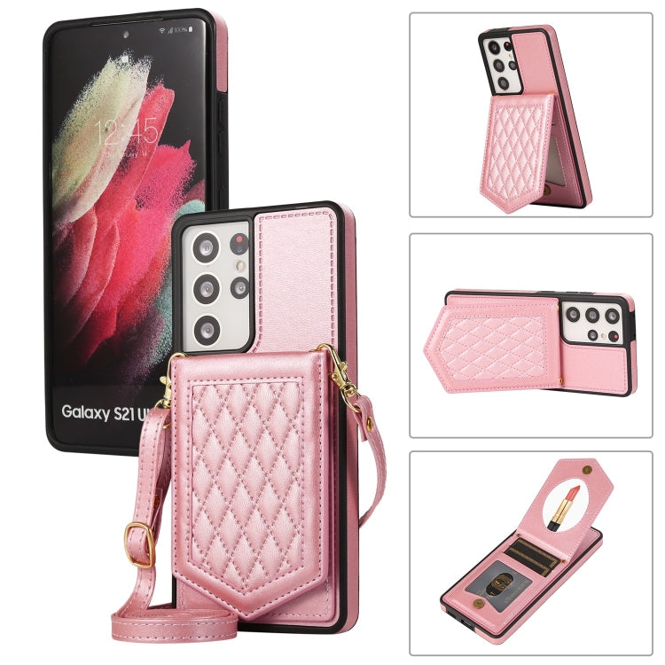 Custodia per telefono RFID con trama rombica con cordino e specchio, For Samsung Galaxy S20, For Samsung Galaxy S20+, For Samsung Galaxy S20 FE, For Samsung Galaxy S21 Ultra 5G