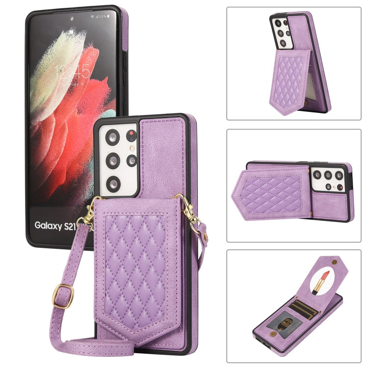 Custodia per telefono RFID con trama rombica con cordino e specchio, For Samsung Galaxy S20, For Samsung Galaxy S20+, For Samsung Galaxy S20 FE, For Samsung Galaxy S21 Ultra 5G