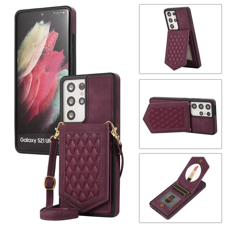 Custodia per telefono RFID con trama rombica con cordino e specchio, For Samsung Galaxy S20, For Samsung Galaxy S20+, For Samsung Galaxy S20 FE, For Samsung Galaxy S21 Ultra 5G