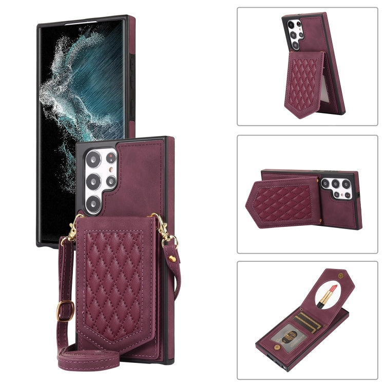 Custodia per telefono RFID con trama rombica con cordino e specchio, For Samsung Galaxy S21 FE 5G, For Samsung Galaxy S22 Ultra 5G