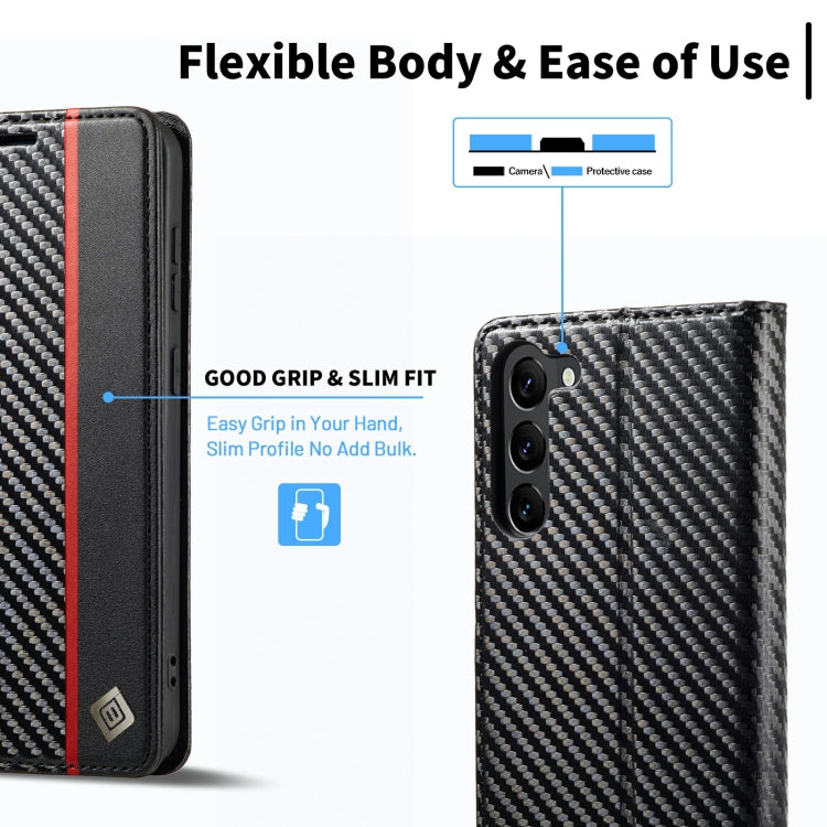LC.IMEEKE Custodia per telefono in pelle con vibrazione orizzontale PU + TPU in fibra di carbonio, For Samsung Galaxy S23 5G, For Samsung Galaxy S23+ 5G, For Samsung Galaxy S23 Ultra 5G