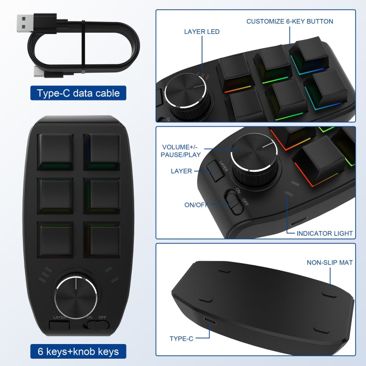 Tastiera meccanica personalizzata RGB 6 tasti 1 manopola Programmazione Tastiera da gioco, USB Wired, Bluetooth Wireless