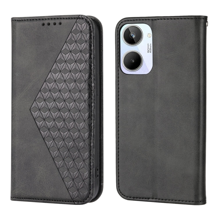 Custodia per telefono in pelle magnetica con struttura in vitello a griglia cubica, For Realme 10 4G