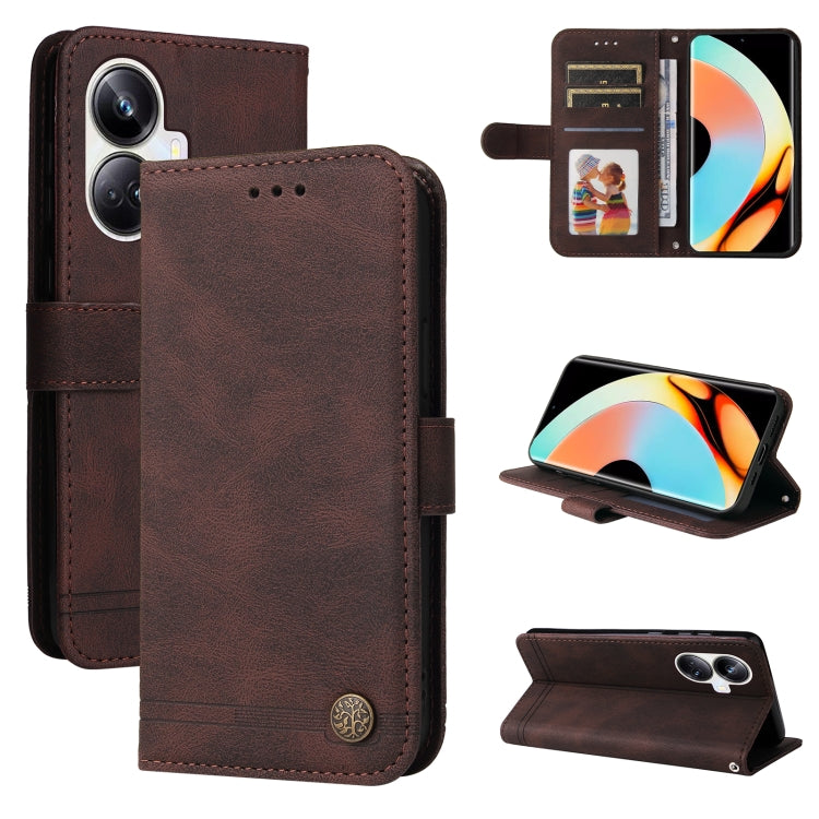 Custodia per telefono in pelle con bottone in metallo con albero della vita Skin Feel, For Huawei nova Y61, For Realme 10 4G Global, For Realme 10 Pro 5G, For Realme 10 Pro+ 5G