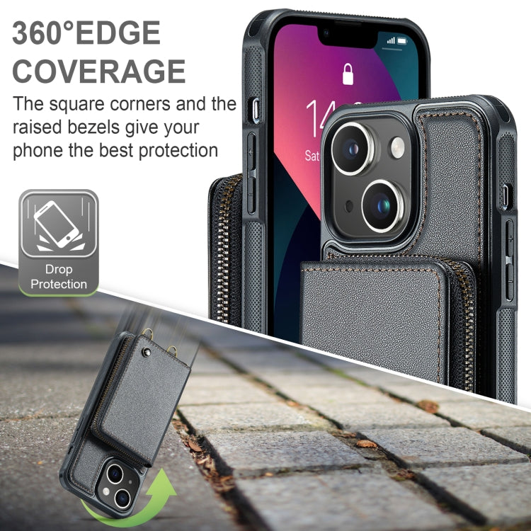 JEEHOOD Custodia per telefono in pelle con cerniera serie C22 con doppio cordino, For iPhone 13, For iPhone 13 Pro, For iPhone 13 Pro Max, For iPhone 12