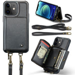 JEEHOOD Custodia per telefono in pelle con cerniera serie C22 con doppio cordino, For iPhone 13, For iPhone 13 Pro, For iPhone 13 Pro Max, For iPhone 12