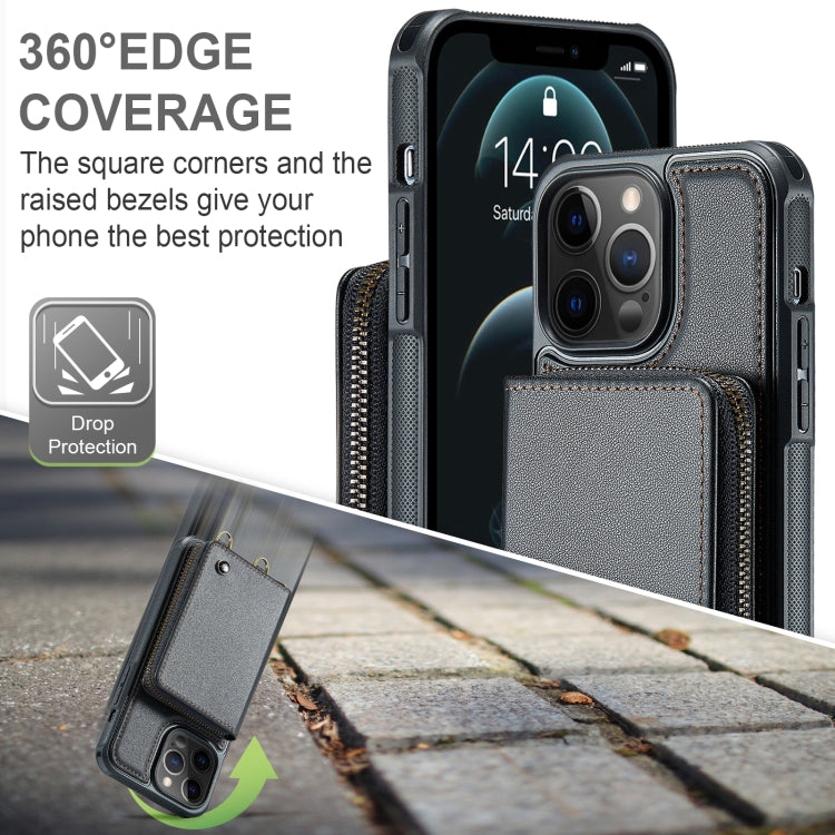 JEEHOOD Custodia per telefono in pelle con cerniera serie C22 con doppio cordino, For iPhone 12 Pro Max, For iPhone 11, For iPhone 11 Pro, For iPhone 11 Pro Max