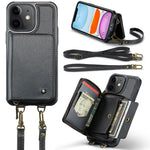 JEEHOOD Custodia per telefono in pelle con cerniera serie C22 con doppio cordino, For iPhone 12 Pro Max, For iPhone 11, For iPhone 11 Pro, For iPhone 11 Pro Max