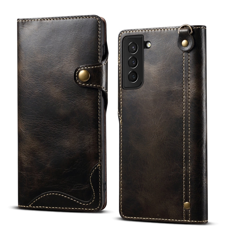 Custodia in pelle bovina con bottone magnetico per Samsung Galaxy