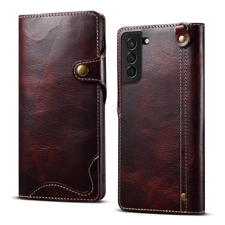 Custodia in pelle bovina con bottone magnetico per Samsung Galaxy
