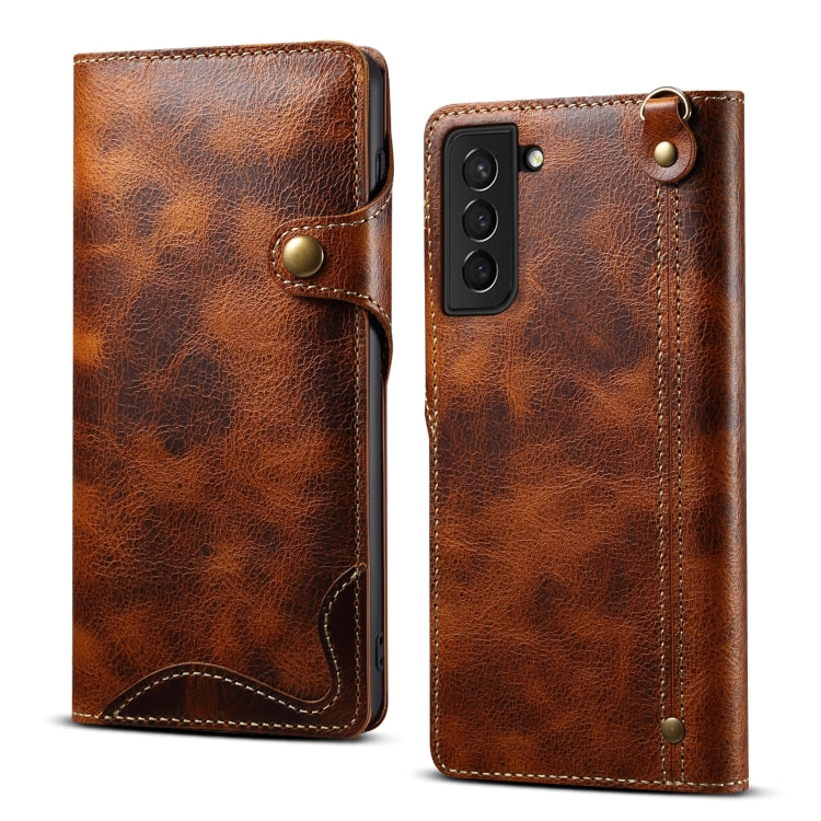 Custodia in pelle bovina con bottone magnetico per Samsung Galaxy