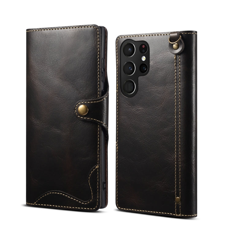 Custodia in pelle bovina con bottone magnetico per Samsung Galaxy
