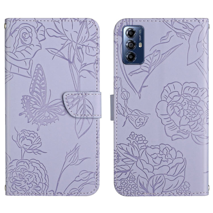 HT03 Cassa del telefono di cuoio di vibrazione impressa farfalla di sensibilità della pelle, For Honor 80, For Honor 80 Pro, For Honor 80 SE, For Motorola Moto G Play 2023