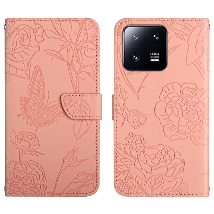 HT03 Cassa del telefono di cuoio di vibrazione impressa farfalla di sensibilità della pelle, For Xiaomi 13 Pro, For Samsung Galaxy A34 5G