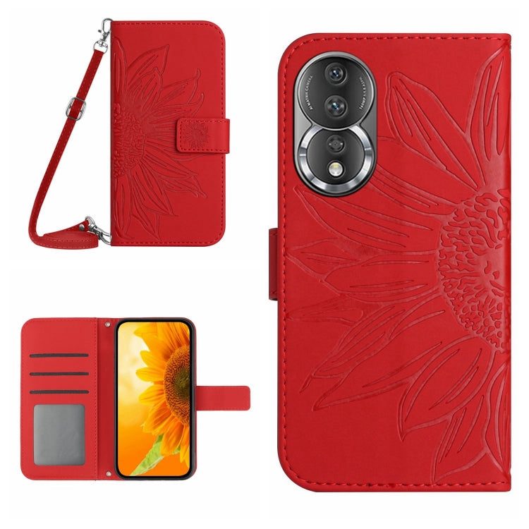 HT04 Skin Feel Sun Flower Custodia in pelle con flip in rilievo con cordino, For Honor 80, For Honor 80 Pro