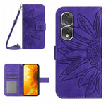 HT04 Skin Feel Sun Flower Custodia in pelle con flip in rilievo con cordino, For Honor 80, For Honor 80 Pro