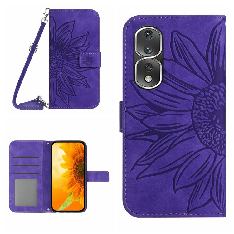 HT04 Skin Feel Sun Flower Custodia in pelle con flip in rilievo con cordino, For Honor 80, For Honor 80 Pro