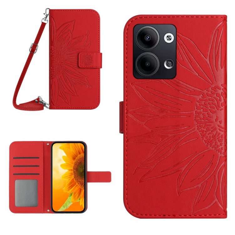 HT04 Skin Feel Sun Flower Custodia in pelle con flip in rilievo con cordino, For OPPO Reno9 / Reno9 Pro, For OPPO Reno9 Pro+