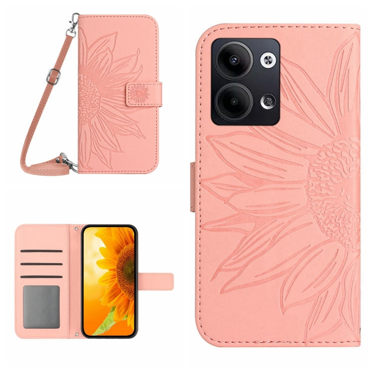HT04 Skin Feel Sun Flower Custodia in pelle con flip in rilievo con cordino, For OPPO Reno9 / Reno9 Pro, For OPPO Reno9 Pro+