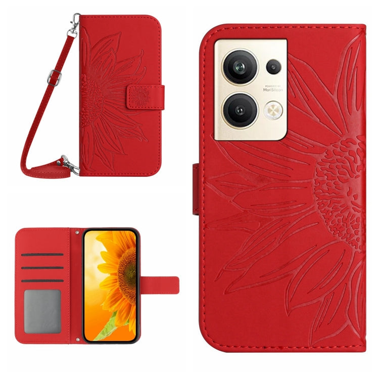 HT04 Skin Feel Sun Flower Custodia in pelle con flip in rilievo con cordino, For OPPO Reno9 / Reno9 Pro, For OPPO Reno9 Pro+