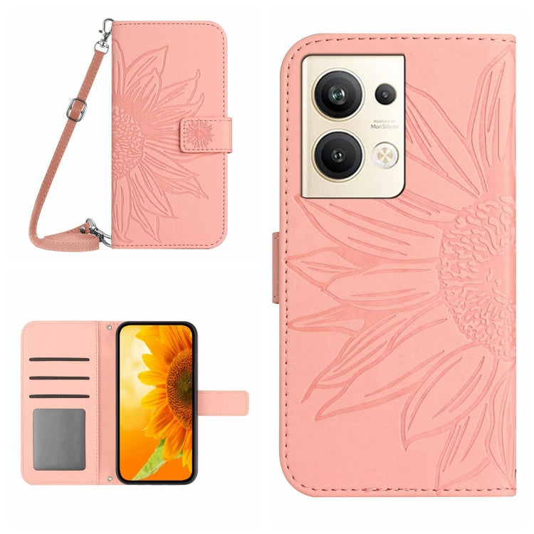 HT04 Skin Feel Sun Flower Custodia in pelle con flip in rilievo con cordino, For OPPO Reno9 / Reno9 Pro, For OPPO Reno9 Pro+