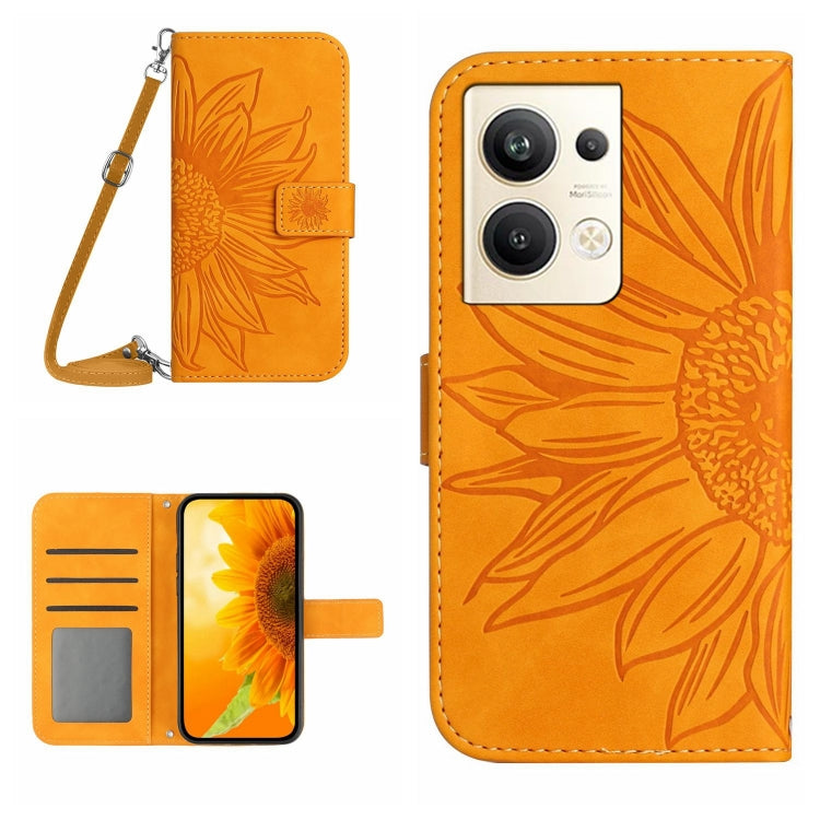 HT04 Skin Feel Sun Flower Custodia in pelle con flip in rilievo con cordino, For OPPO Reno9 / Reno9 Pro, For OPPO Reno9 Pro+