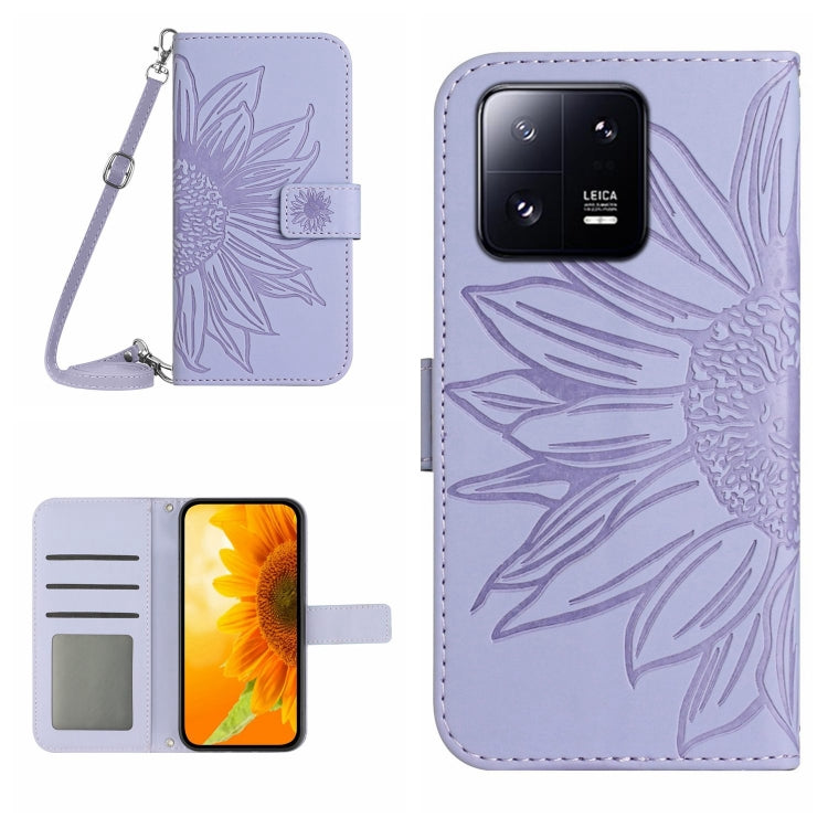 HT04 Skin Feel Sun Flower Custodia in pelle con flip in rilievo con cordino, For Xiaomi 13, For Xiaomi 13 Pro