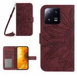 HT04 Skin Feel Sun Flower Custodia in pelle con flip in rilievo con cordino, For Xiaomi 13, For Xiaomi 13 Pro