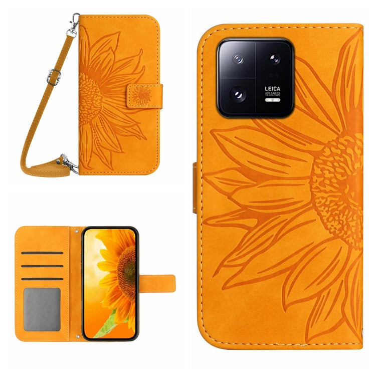 HT04 Skin Feel Sun Flower Custodia in pelle con flip in rilievo con cordino, For Xiaomi 13, For Xiaomi 13 Pro