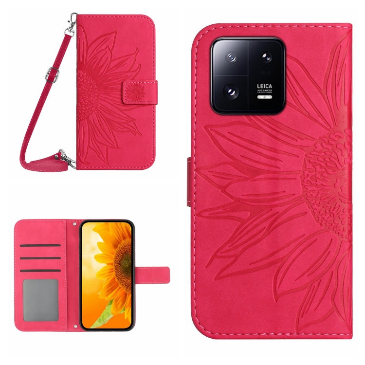 HT04 Skin Feel Sun Flower Custodia in pelle con flip in rilievo con cordino, For Xiaomi 13, For Xiaomi 13 Pro