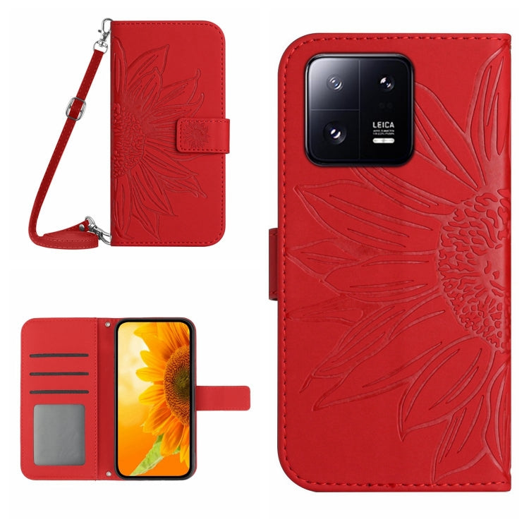 HT04 Skin Feel Sun Flower Custodia in pelle con flip in rilievo con cordino, For Xiaomi 13, For Xiaomi 13 Pro