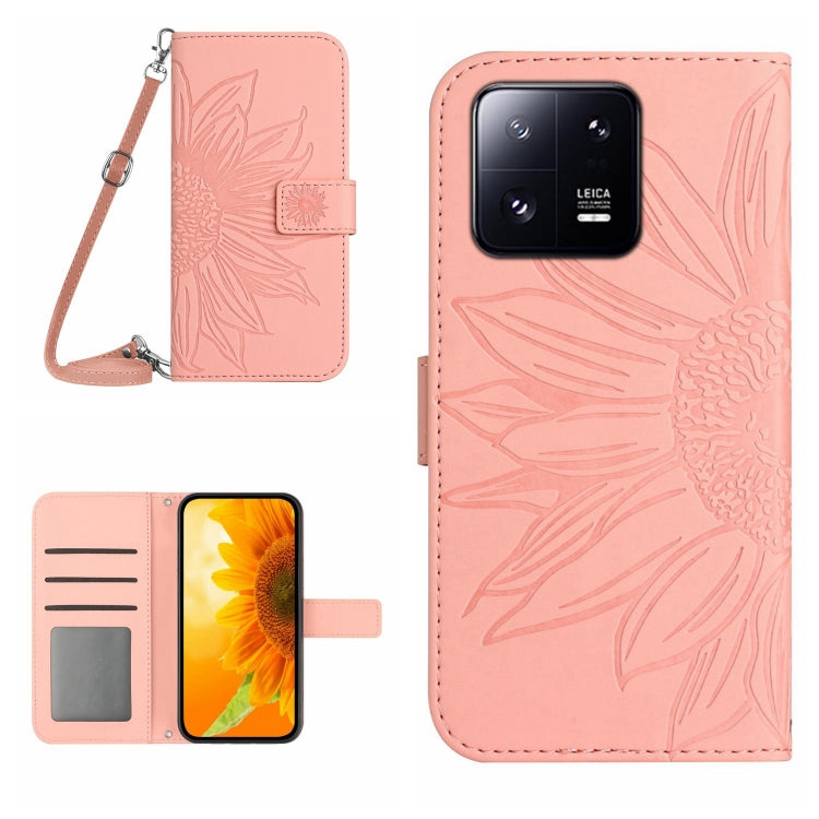 HT04 Skin Feel Sun Flower Custodia in pelle con flip in rilievo con cordino, For Xiaomi 13, For Xiaomi 13 Pro